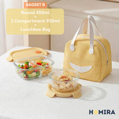 HOMIRA Summer Series Borosilicate Glass Lunchbox Bag Airtight & Microwave Safe Set