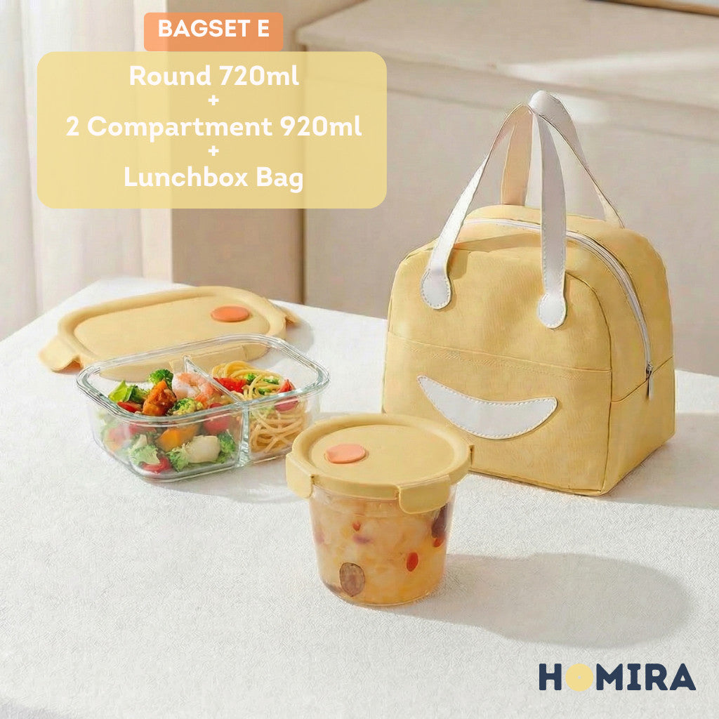 HOMIRA Summer Series Borosilicate Glass Lunchbox Bag Airtight & Microwave Safe Set