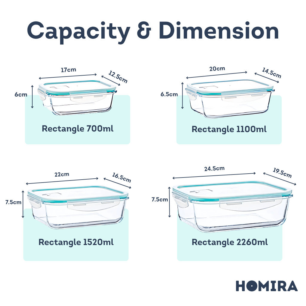 HOMIRA Classic Series Borosilicate Glass Rectangle Food Container (700ml/1100ml/1520ml/2260ml)