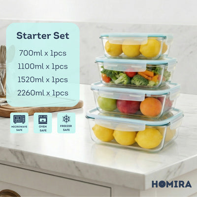 HOMIRA Classic Series Borosilicate Glass Rectangle Food Container (700ml/1100ml/1520ml/2260ml)