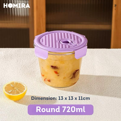 HOMIRA Round Tall Borosilicate Glass Food Container with Vent Lid - 720ml