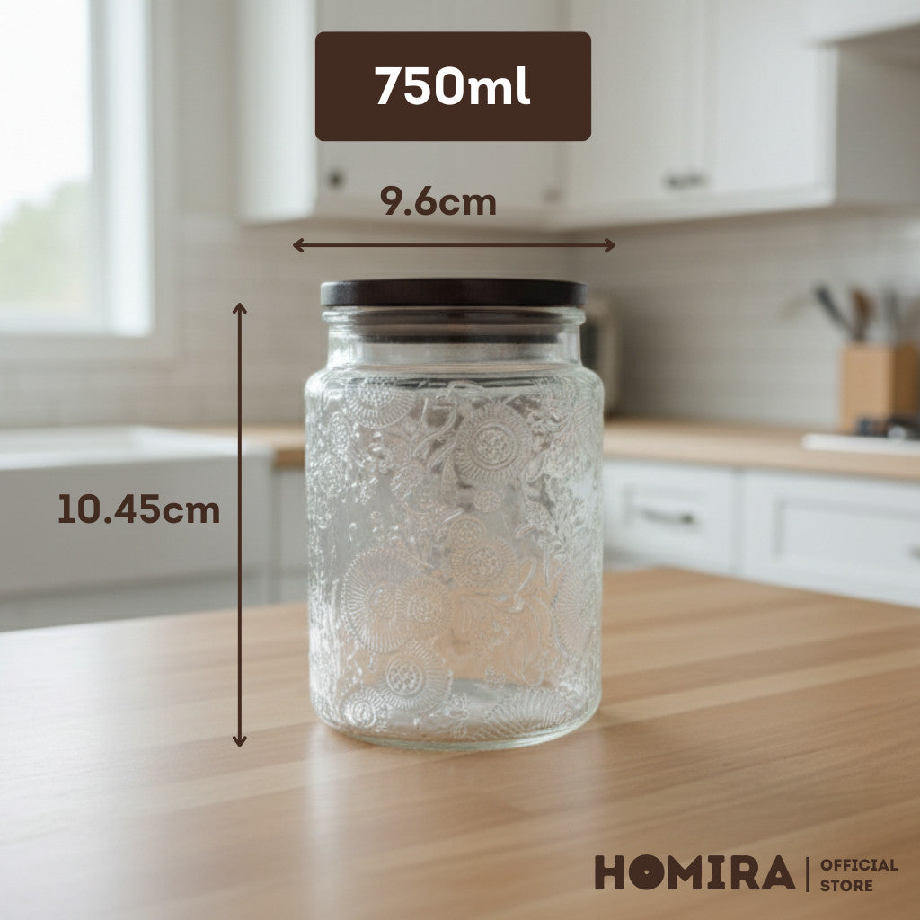 HOMIRA Embossed Glass Jar with Dark Wood Lid - 520ml / 750ml
