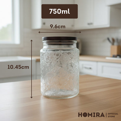 HOMIRA Embossed Glass Jar with Dark Wood Lid - 520ml / 750ml