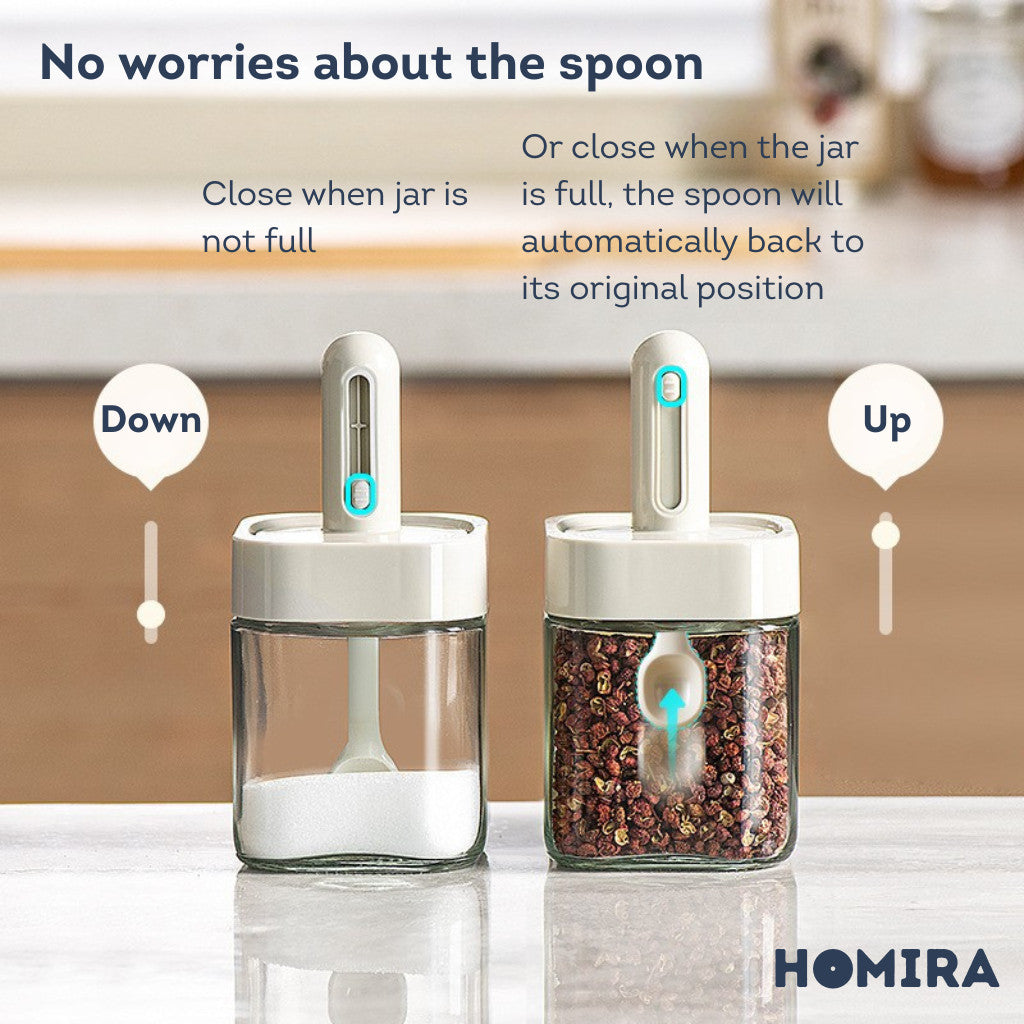 HOMIRA Kitchen Square Glass Condiment Jar with Inner Spoon