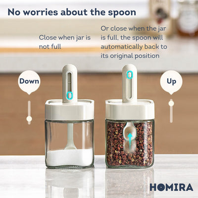 HOMIRA Kitchen Square Glass Condiment Jar with Inner Spoon