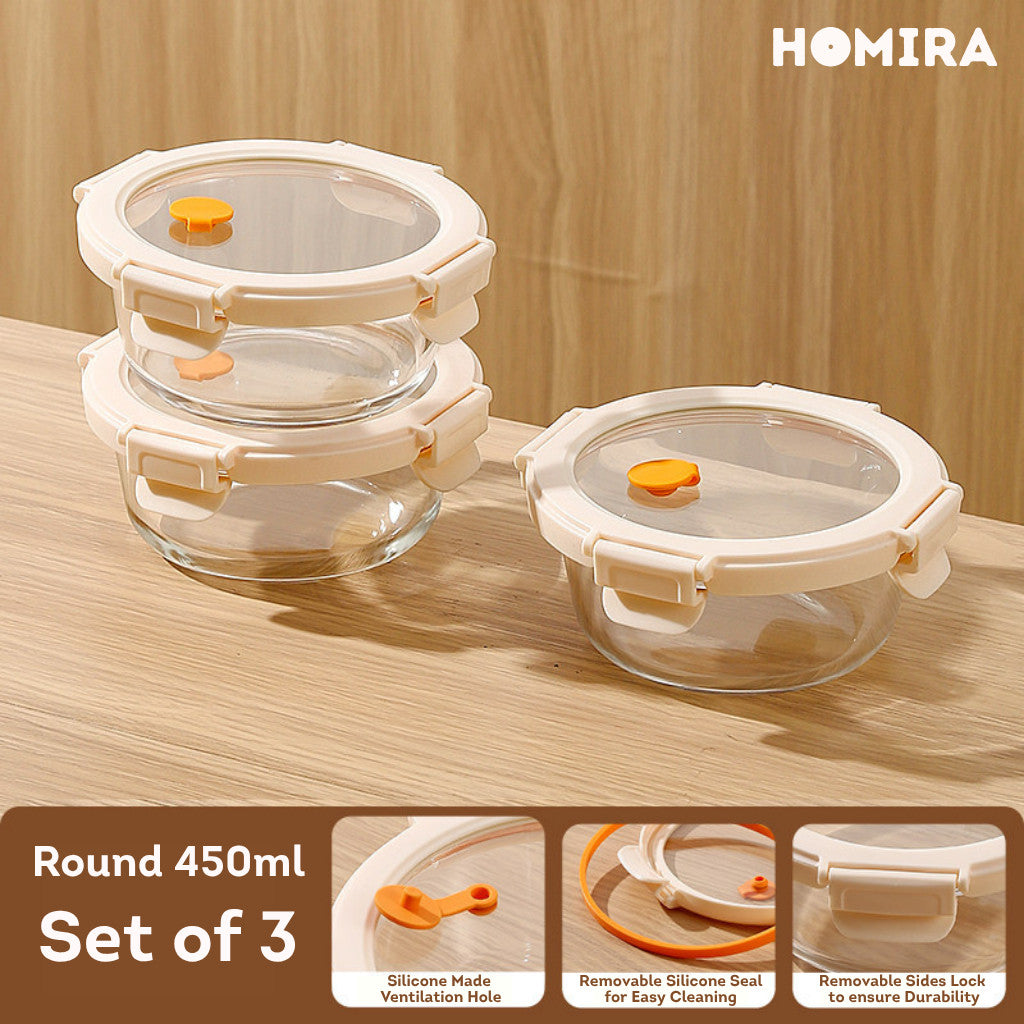 HOMIRA Signature Series Round Borosilicate Glass Food Container (450ml-1050ml)