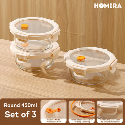 HOMIRA Signature Series Round Borosilicate Glass Food Container (450ml-1050ml)