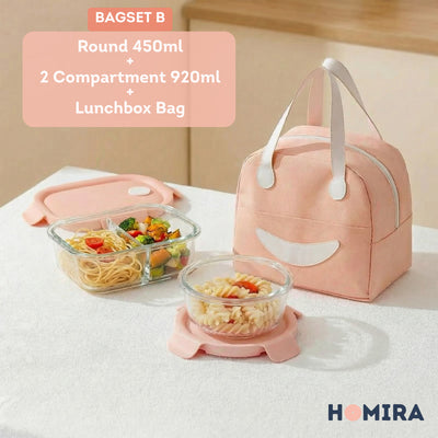 HOMIRA Summer Series Borosilicate Glass Lunchbox Bag Airtight & Microwave Safe Set
