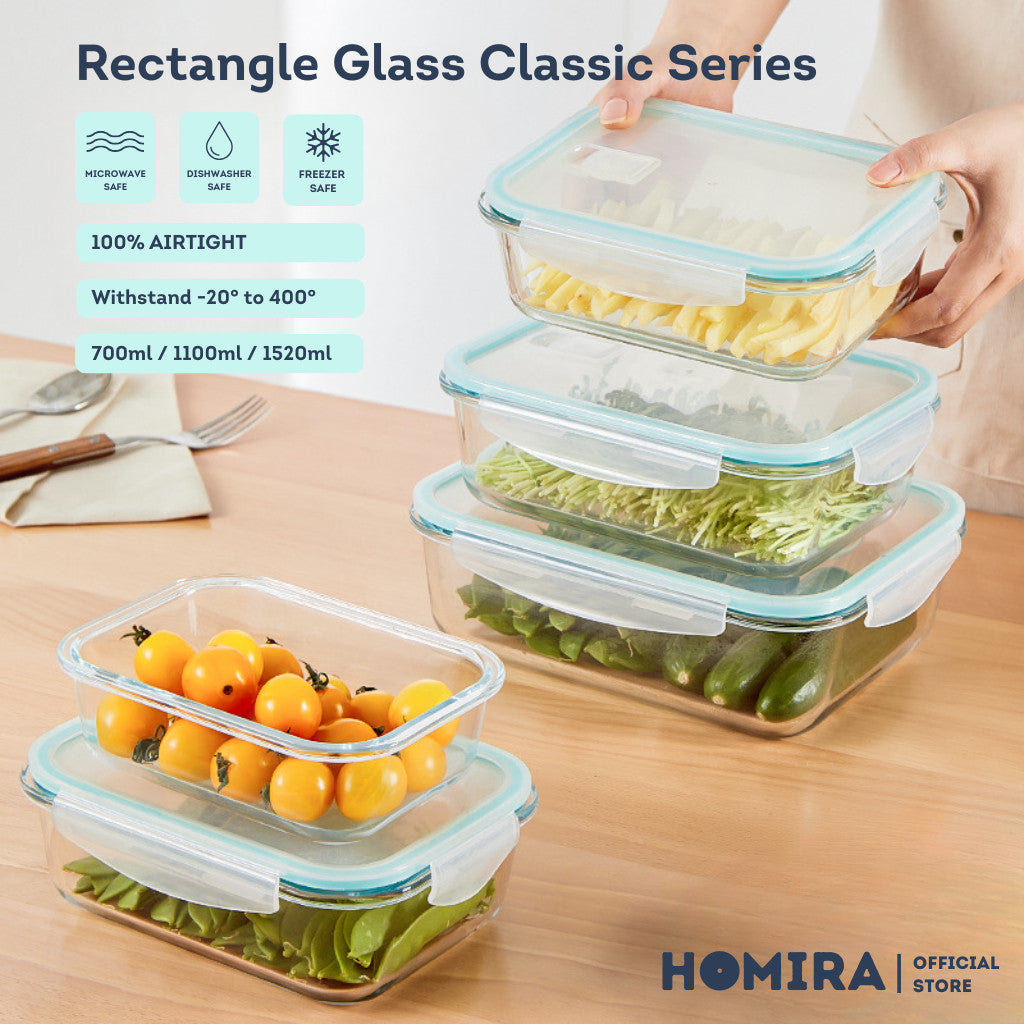 HOMIRA Classic Rectangle Borosilicate Glass Food Container (700ml-1520ml)