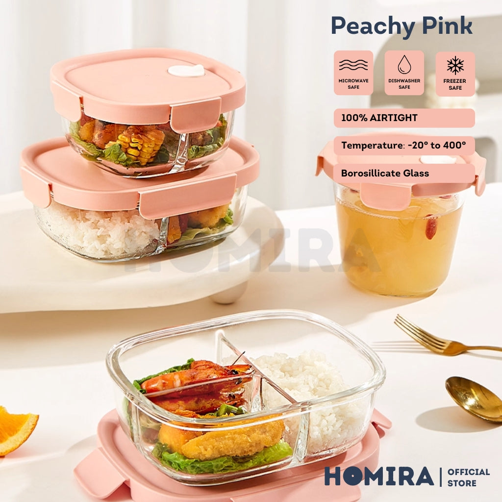 Homira Peachy Pink Borosilicate Glass Food Container – Airtight Leakproof Lunch Box | (450ml–940ml)