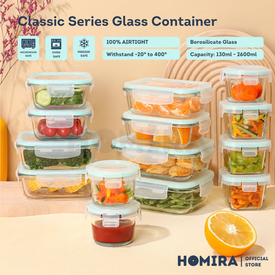 Homira Classic Borosilicate Glass Food Container – Airtight Leakproof Oven Safe | (130ml-2600ml)