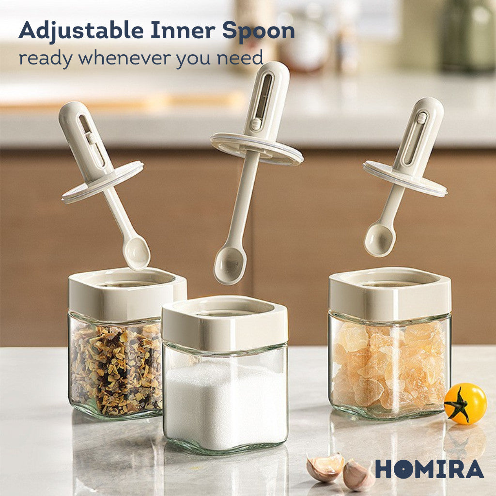 HOMIRA Kitchen Square Glass Condiment Jar with Inner Spoon
