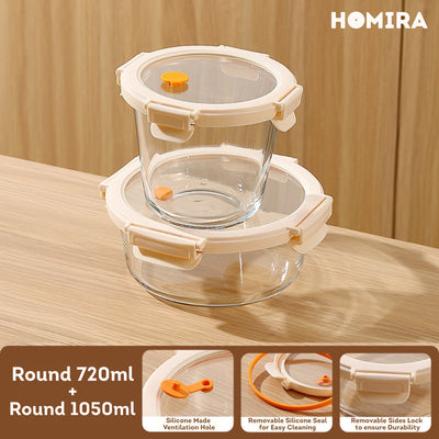 HOMIRA Signature Series Round Borosilicate Glass Food Container (450ml-1050ml)