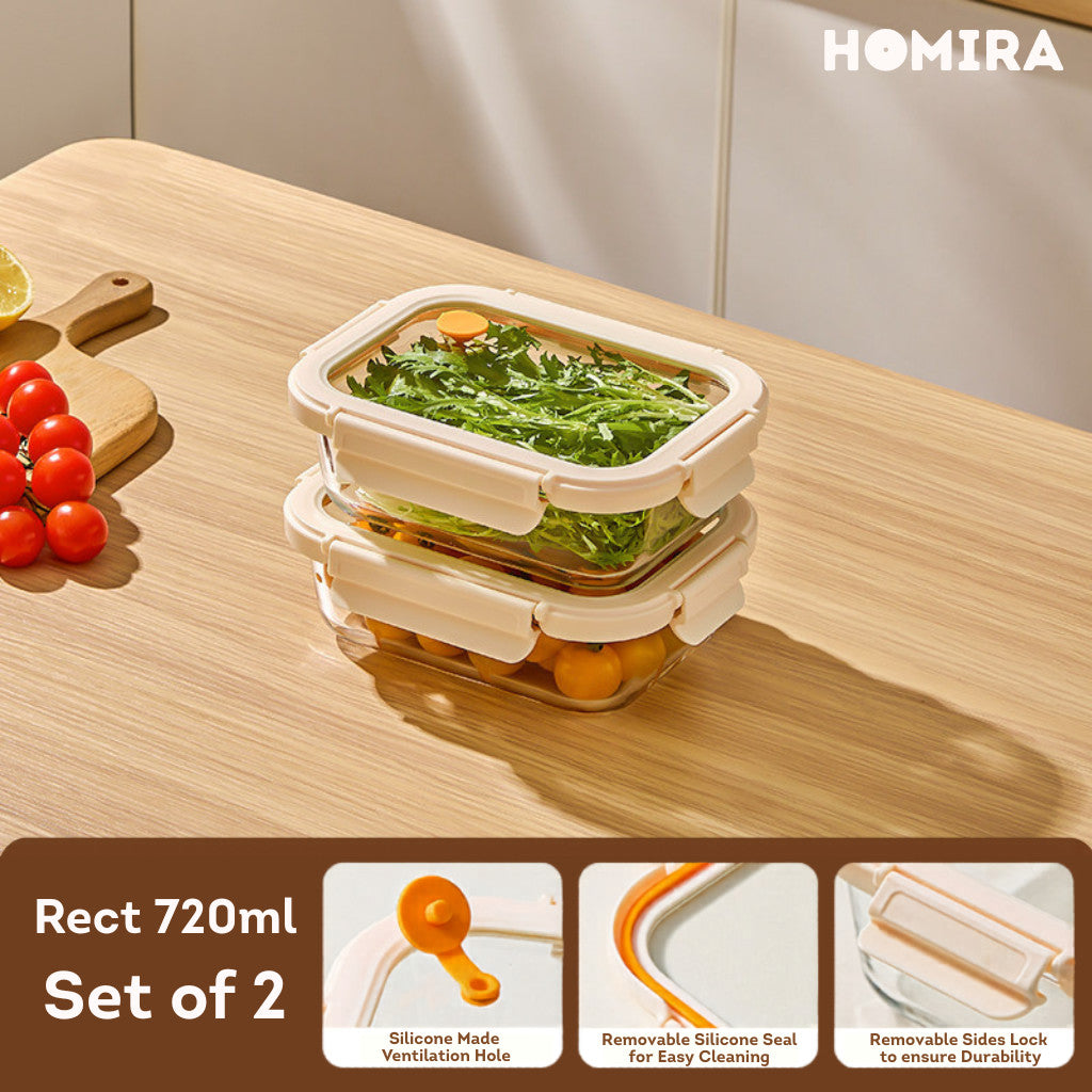 HOMIRA Signature Series Rectangle Borosilicate Glass Food Container Set (480ml/720ml/1100ml/1520ml)