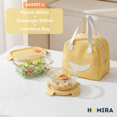 HOMIRA Summer Series Borosilicate Glass Lunchbox Bag Airtight & Microwave Safe Set