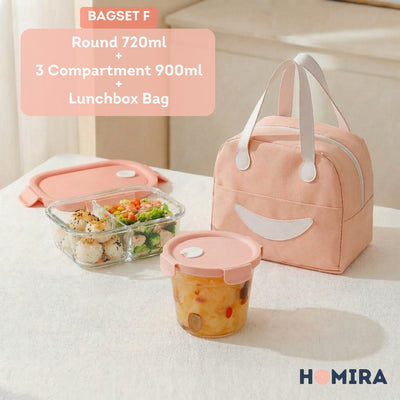 HOMIRA Summer Series Borosilicate Glass Lunchbox Bag Airtight & Microwave Safe Set