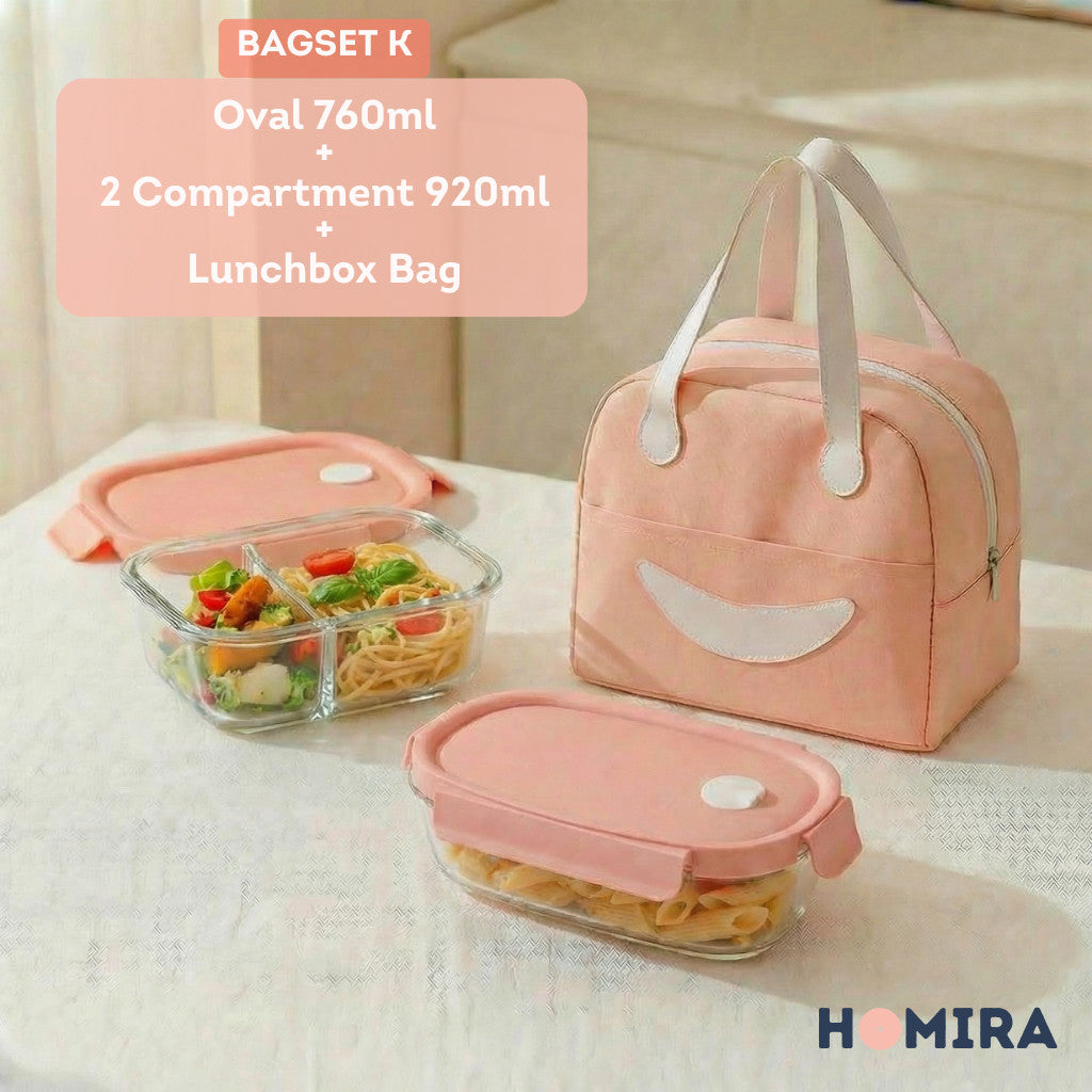 HOMIRA Summer Series Borosilicate Glass Lunchbox Bag Airtight & Microwave Safe Set