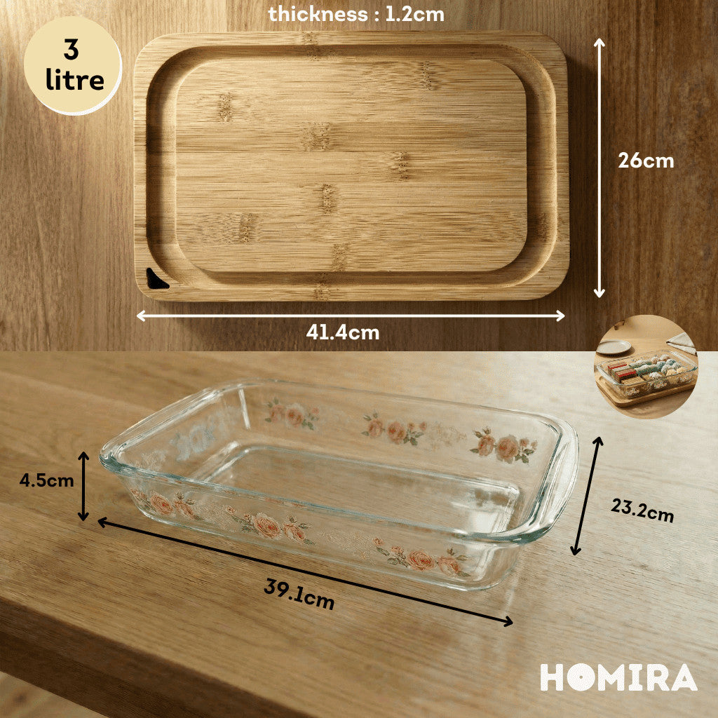 HOMIRA Bakeware Glass Tray with Wooden Lid Display Set(1L/1.6L/2.2L/3L)