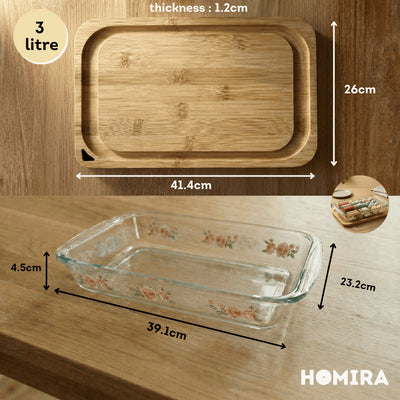 HOMIRA Bakeware Glass Tray with Wooden Lid Display Set(1L/1.6L/2.2L/3L)