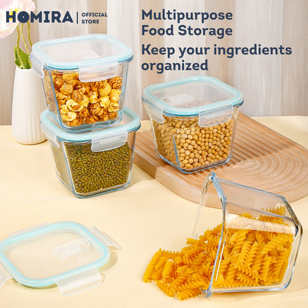 HOMIRA Classic Series Square Borosilicate Glass Food Container (1000ml)