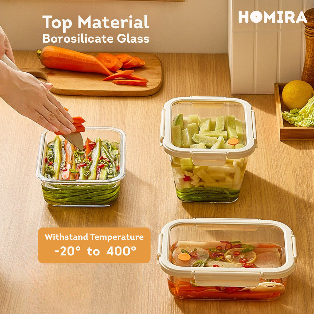 HOMIRA Signature Series Rectangle Borosilicate Glass Food Container Set (480ml/720ml/1100ml/1520ml)