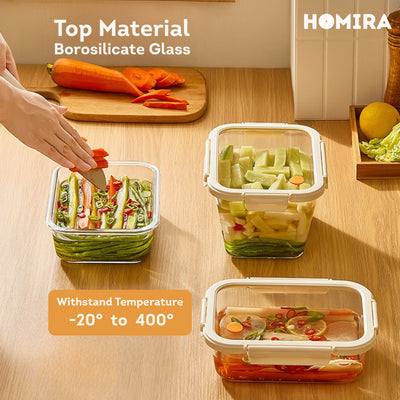 HOMIRA Signature Series Rectangle Borosilicate Glass Food Container Set (480ml/720ml/1100ml/1520ml)