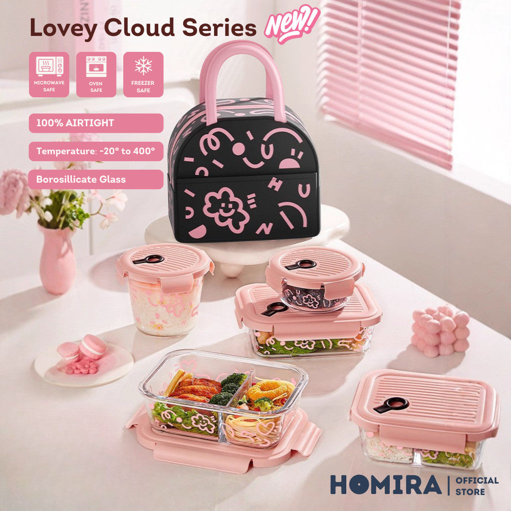 HOMIRA Lovey Cloud Series Glass Lunch Box & Insulated Bag Set (450ml - 1100ml)