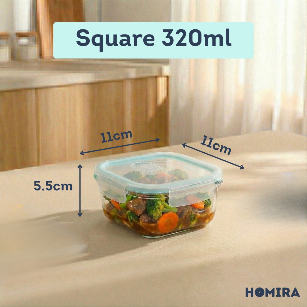 HOMIRA Classic Series Square Borosilicate Glass Food Container (320ml/550ml/800ml)