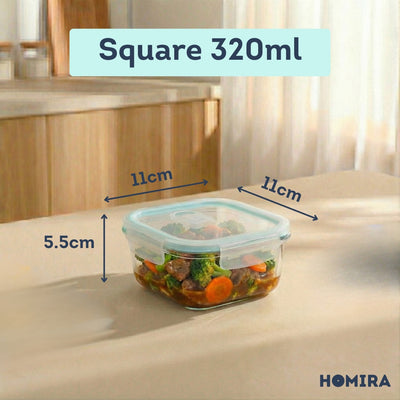 HOMIRA Classic Series Square Borosilicate Glass Food Container (320ml/550ml/800ml)