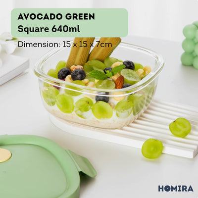 HOMIRA Avocado Green Borosilicate Glass Food Container (450ml - 940ml)