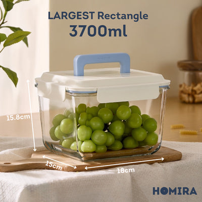 HOMIRA Extra Large Rectangular Borosilicate Glass Food Container with Handle - 3700ml