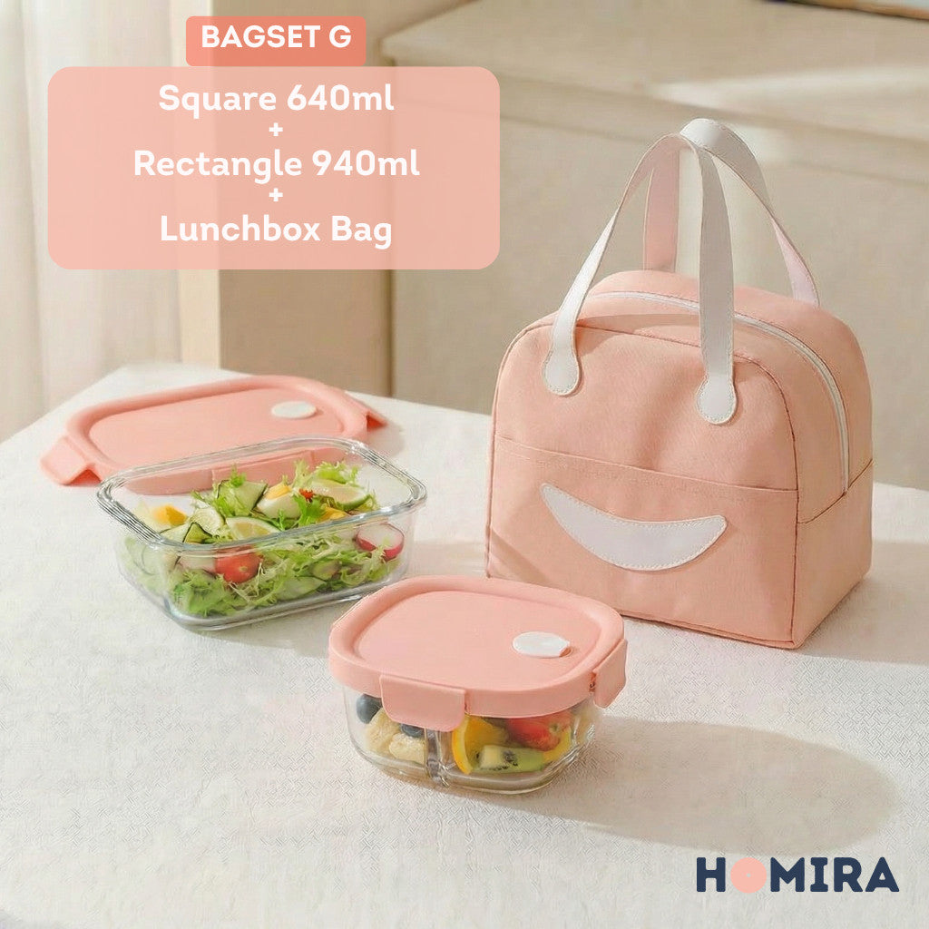 HOMIRA Summer Series Borosilicate Glass Lunchbox Bag Airtight & Microwave Safe Set