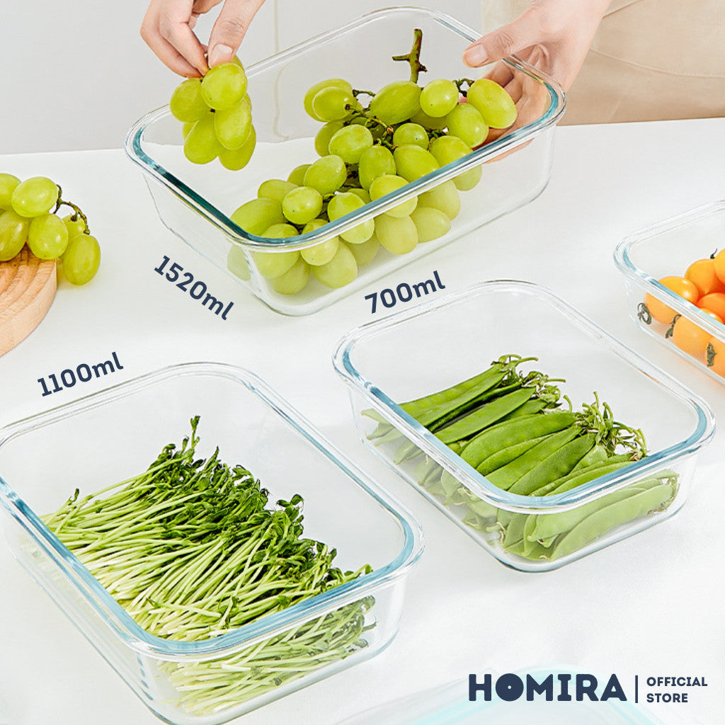 HOMIRA Classic Rectangle Borosilicate Glass Food Container (700ml-1520ml)
