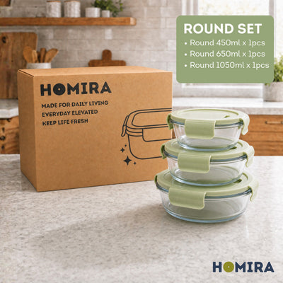 HOMIRA Borosilicate Glass Food Container Set - Natural Green Family Collection