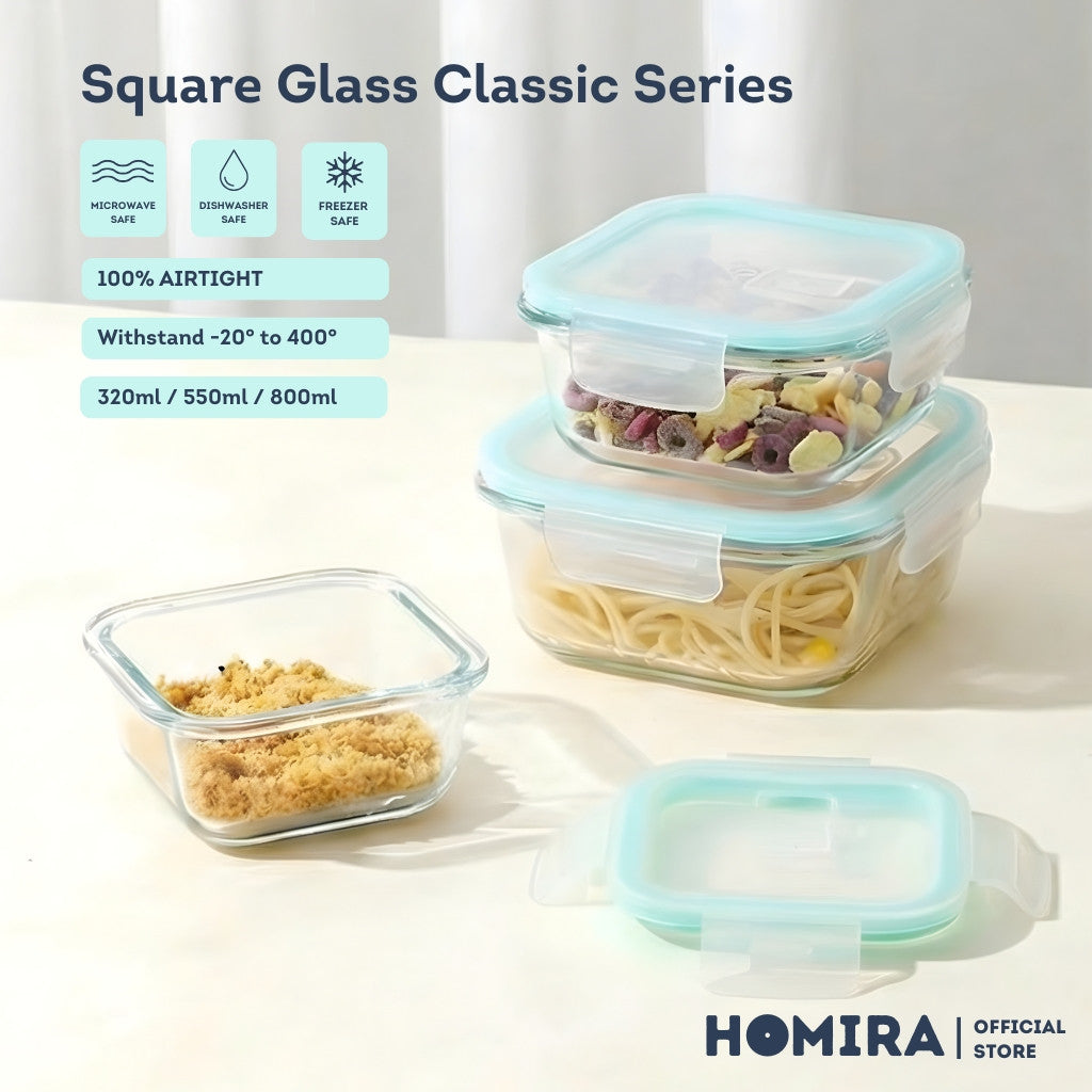 HOMIRA Classic Series Square Borosilicate Glass Food Container (320ml/550ml/800ml)