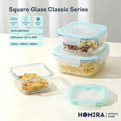 HOMIRA Classic Series Square Borosilicate Glass Food Container (320ml/550ml/800ml)