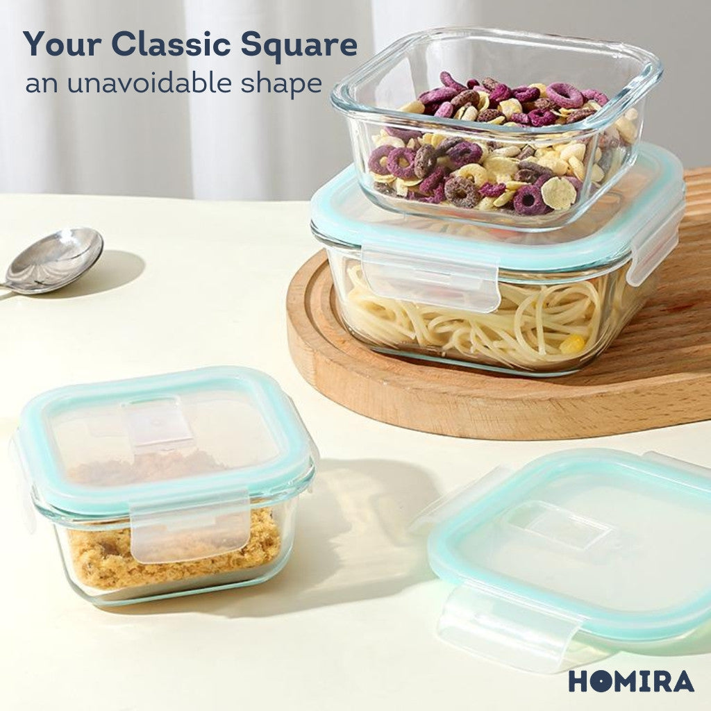 HOMIRA Classic Series Square Borosilicate Glass Food Container (320ml/550ml/800ml)