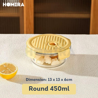 Homira Sunflower Yellow Borosilicate Glass Food Container – Airtight Leakproof Lunch Box | (450ml–1100ml)