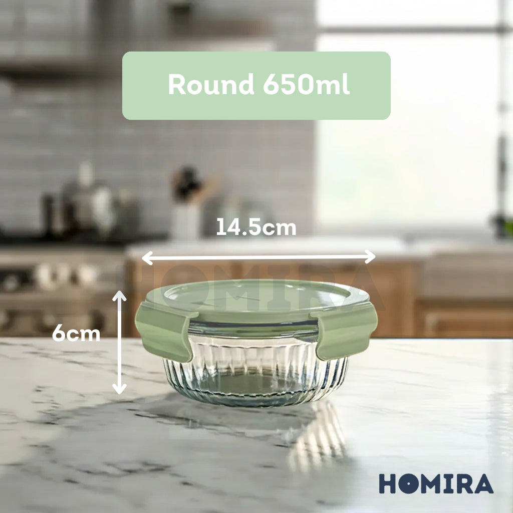Homira Borosilicate Glass Food Container – Airtight Leakproof Oven Safe Lunch Box | Round & Rectangle (450ml-1050ml)