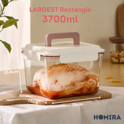 HOMIRA Extra Large Rectangular Borosilicate Glass Food Container with Handle - 3700ml