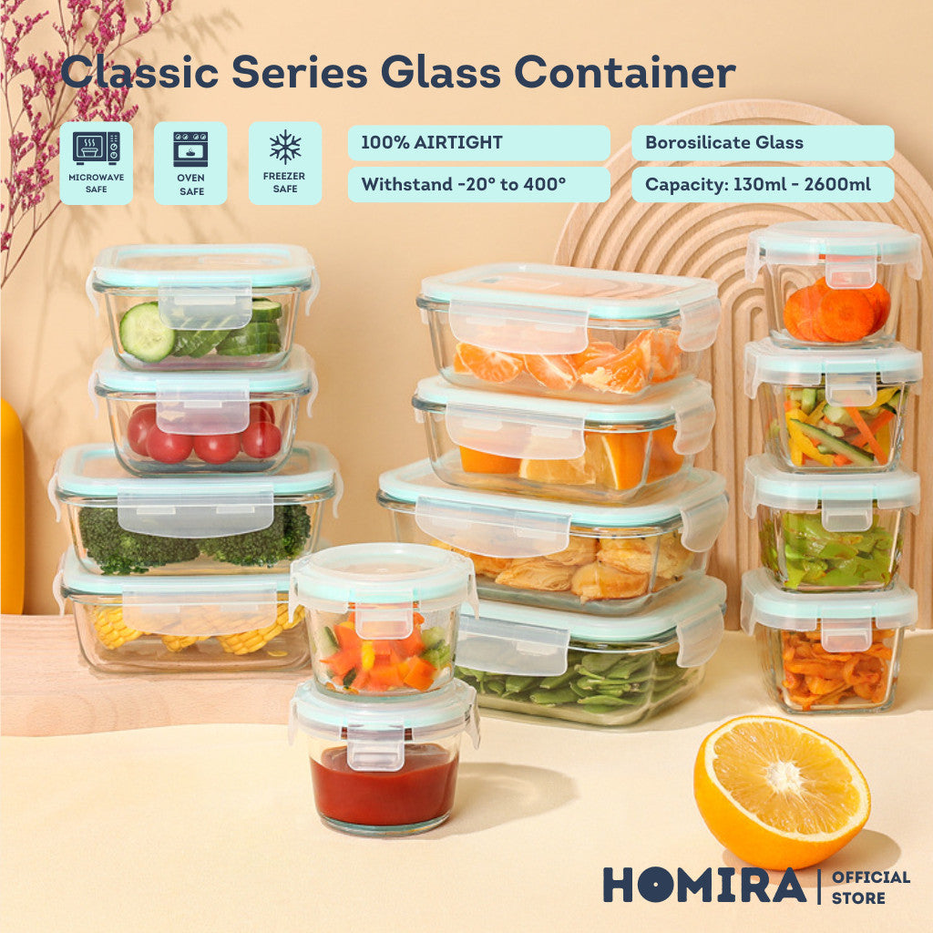 HOMIRA Classic Borosilicate Glass Food Container Airtight Leakproof Oven Safe (130ml-2600ml)