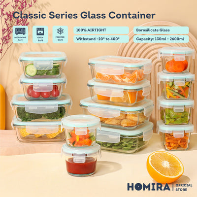 HOMIRA Classic Borosilicate Glass Food Container Airtight Leakproof Oven Safe (130ml-2600ml)