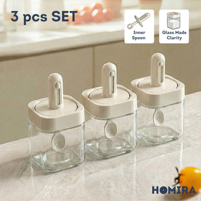 HOMIRA Kitchen Square Glass Condiment Jar with Inner Spoon