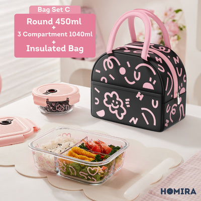 HOMIRA Lovey Cloud Series Glass Lunch Box & Insulated Bag Set (450ml - 1100ml)