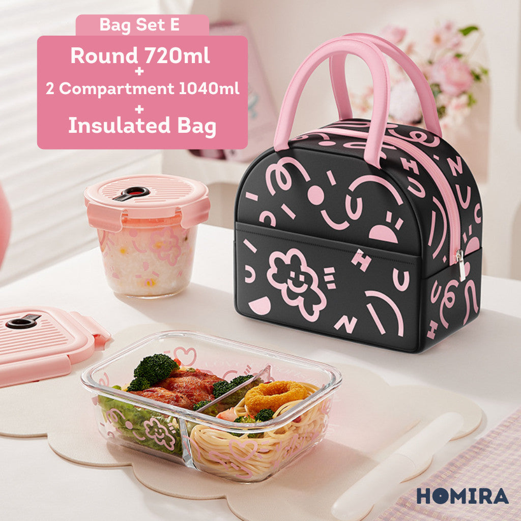 HOMIRA Lovey Cloud Series Glass Lunch Box & Insulated Bag Set (450ml - 1100ml)