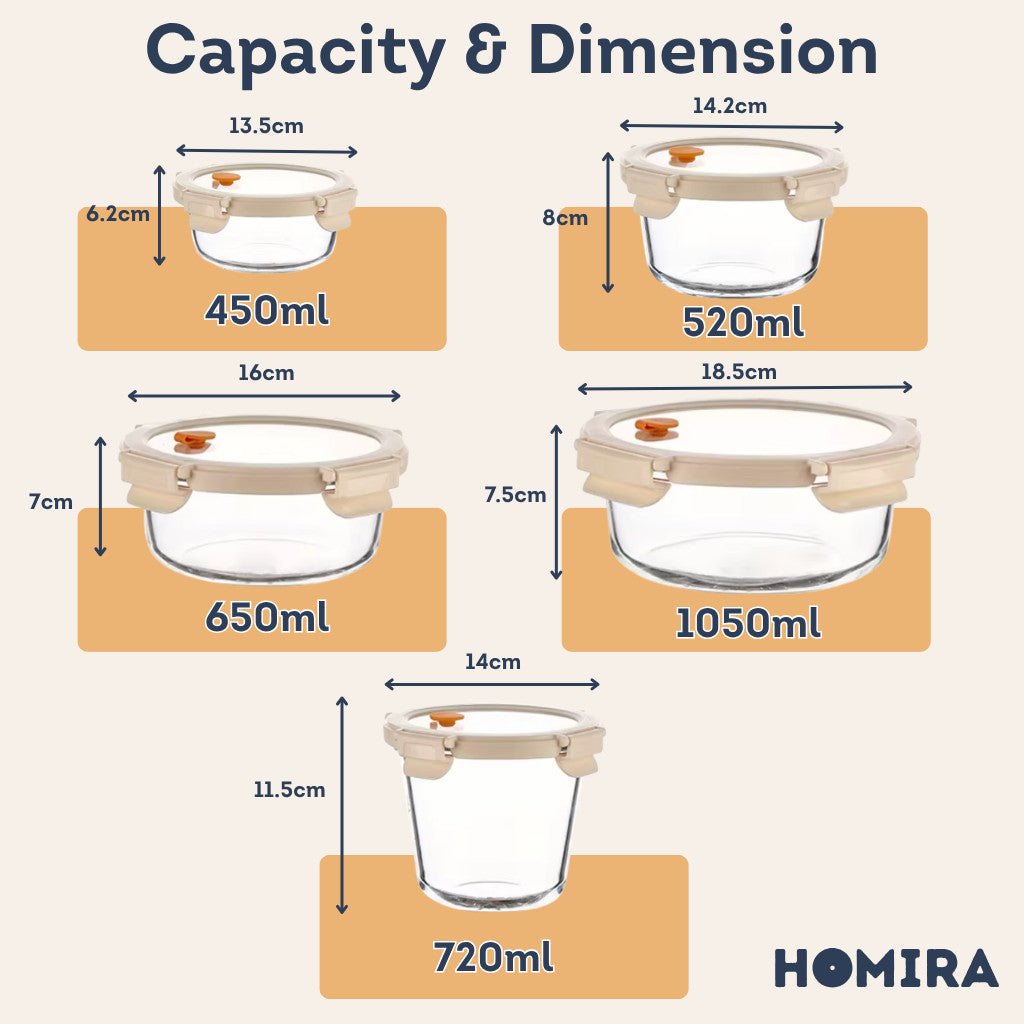 HOMIRA Signature Series Round Borosilicate Glass Food Container (450ml-1050ml)
