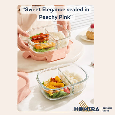 HOMIRA Peachy Pink Borosilicate Glass Food Container Airtight Leakproof Lunch Box (450ml-940ml)