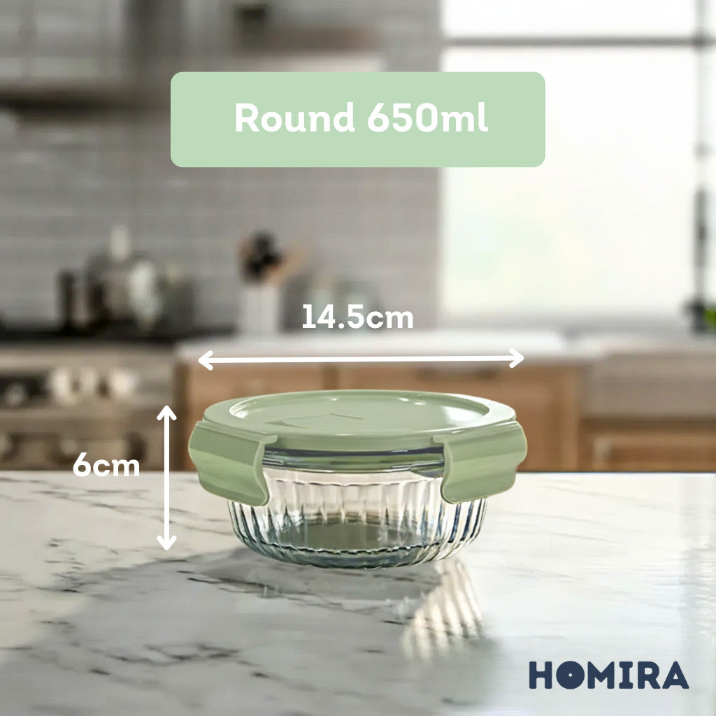HOMIRA Wave Series Borosilicate Glass Food Container Airtight Microwave Safe (450ml-1050ml)