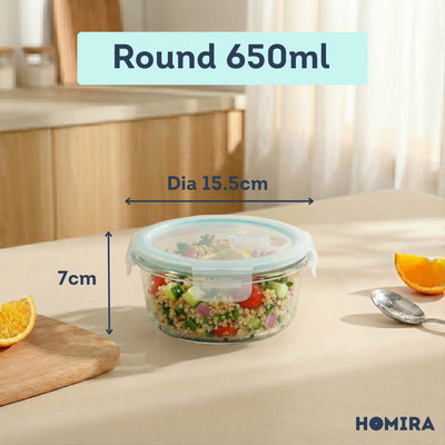HOMIRA Classic Series Round Borosilicate Glass Food Container Airtight & Microwave Safe (450ml/650ml/1050ml)
