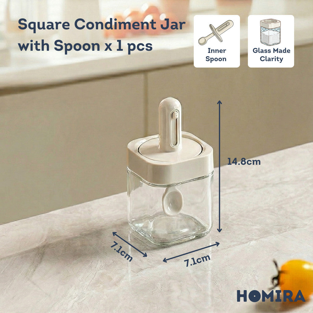 HOMIRA Kitchen Square Glass Condiment Jar with Inner Spoon